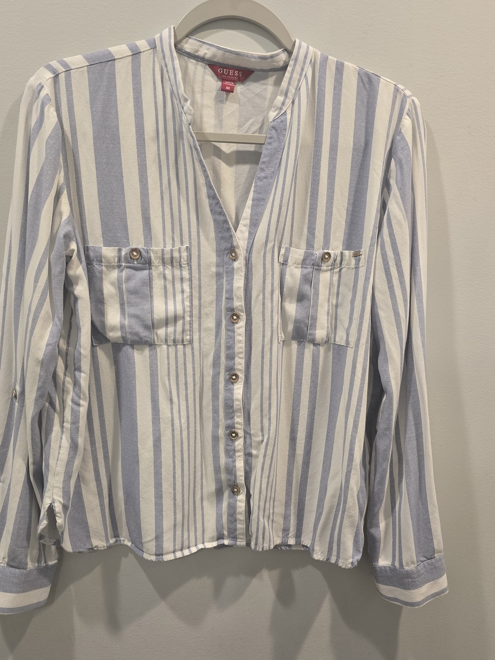 Guess women's Blue & White Vertical Stripe Button-Down Shirt